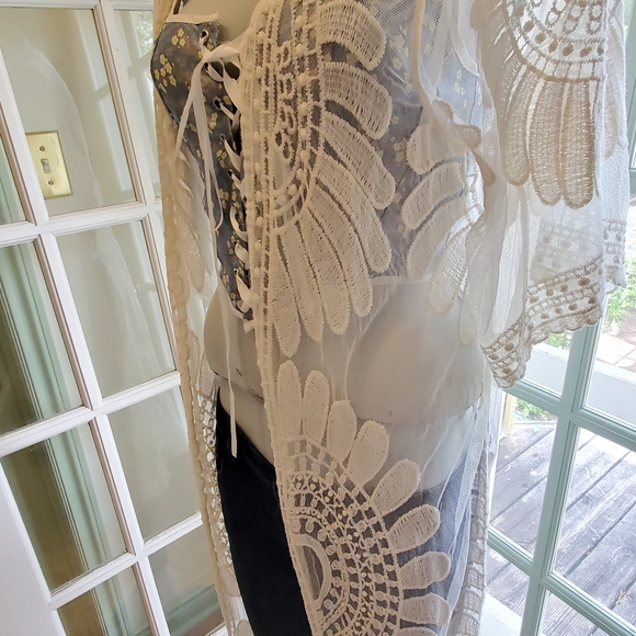 Rebellion Again Long Flower Boho Sheer Shawl Cover Up - Picture 4 of 6